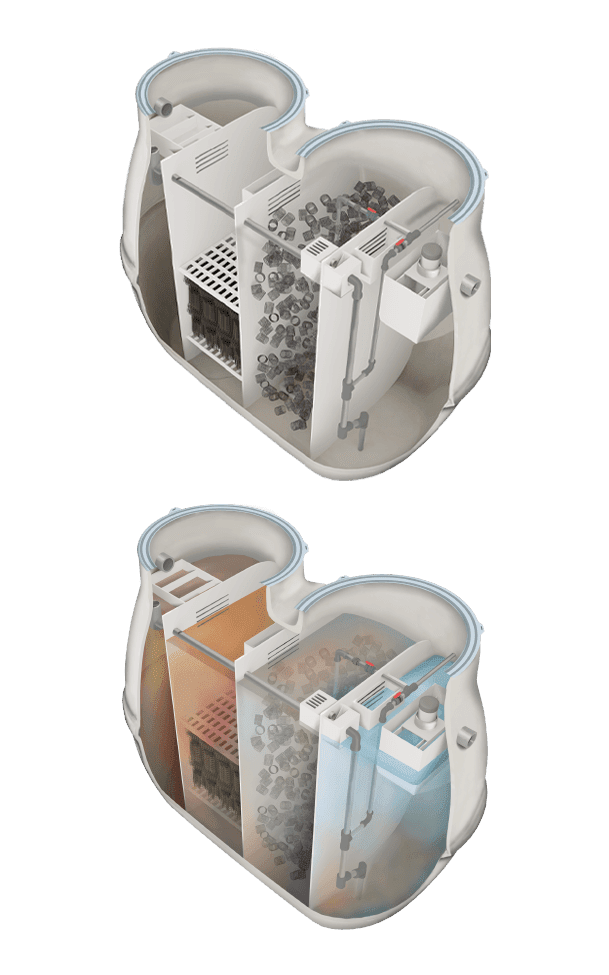 High-resolution cutaway Johkasou internal system showing advanced multi-chamber filtration and aeration processes.