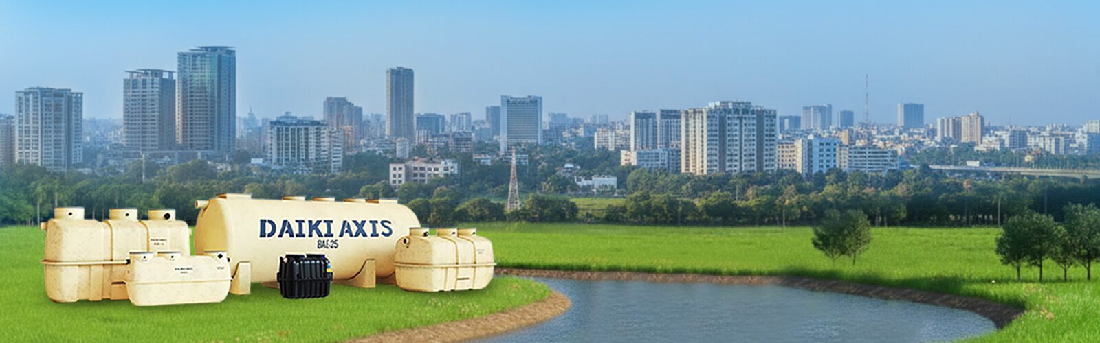 Scenic green landscape Johkasou treatment tanks displayed alongside a modern city skyline in Bangladesh.
