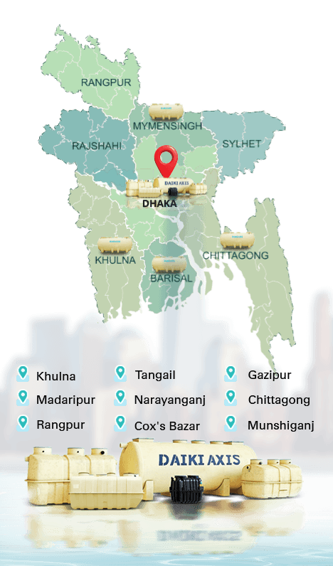 Daiki Axis Bangladesh vertical service map for wastewater treatment plant distribution and support.